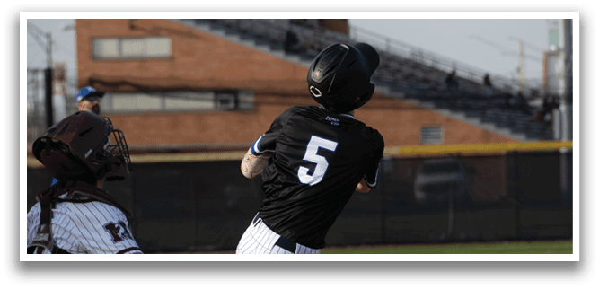 A baseball player is swinging a bat at a ball. Description generated by AI