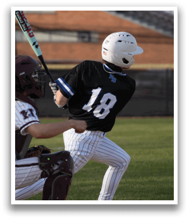 A baseball player is swinging a bat at a ball. Description generated by AI