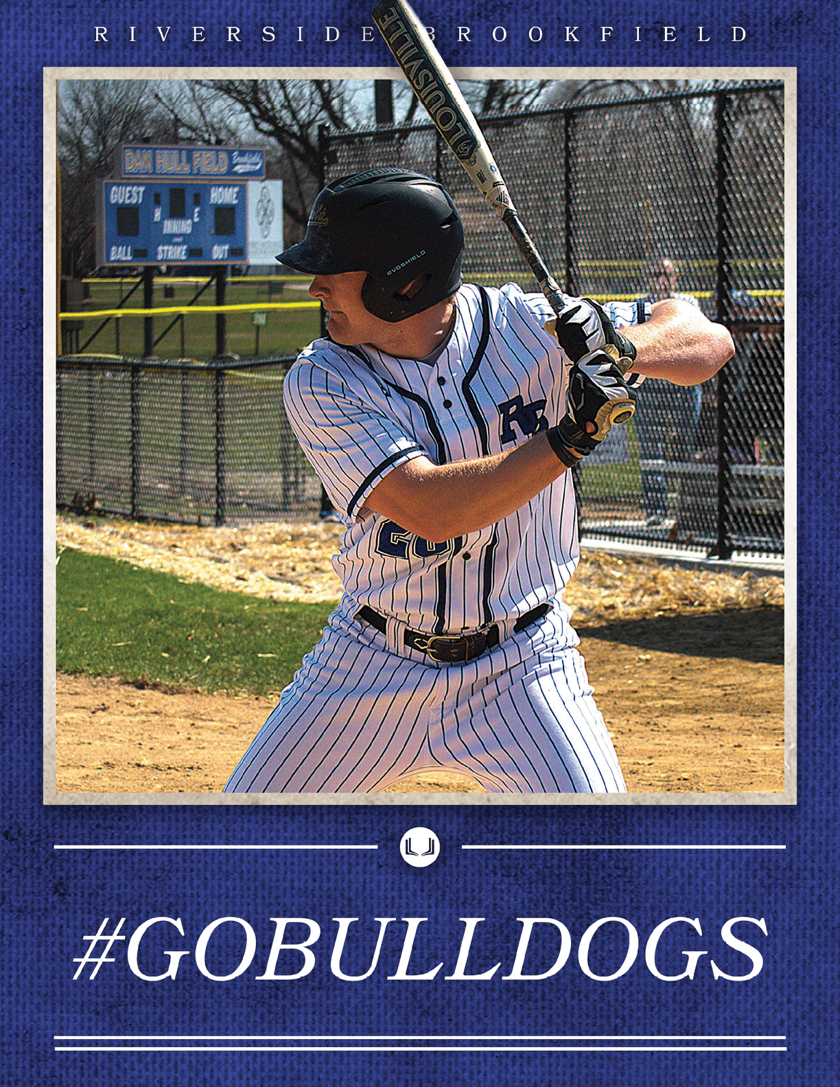 A baseball player in a blue and white uniform is swinging a bat. Description generated by AI