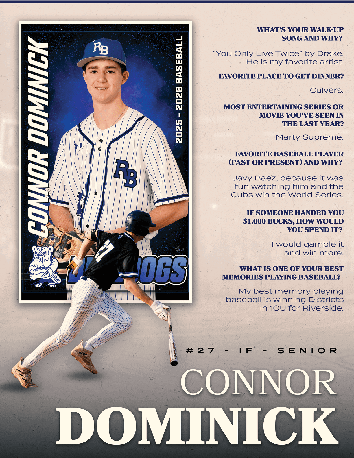 A baseball player named Connor Dominick. Description generated by AI
