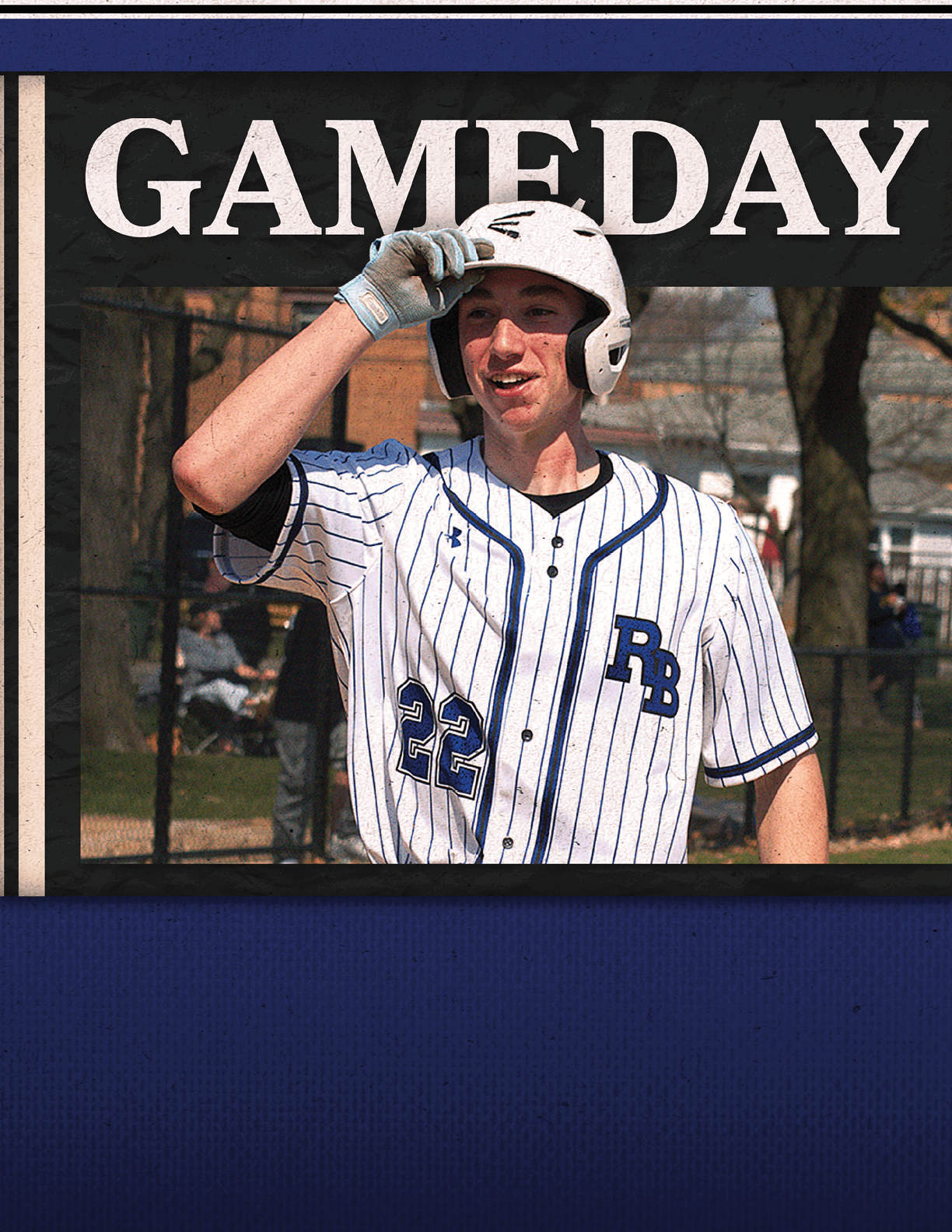 A baseball player wearing a blue and white uniform. Description generated by AI