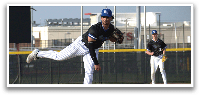 A baseball player in a black shirt and blue hat is pitching a ball. Description generated by AI