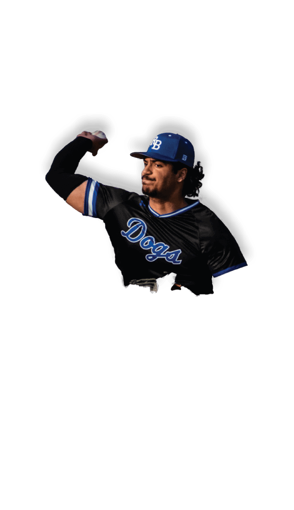 A man wearing a blue and black baseball uniform is pitching a ball. Description generated by AI