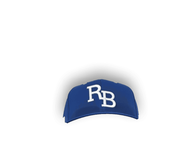 A blue hat with the letters RB on it. Description generated by AI