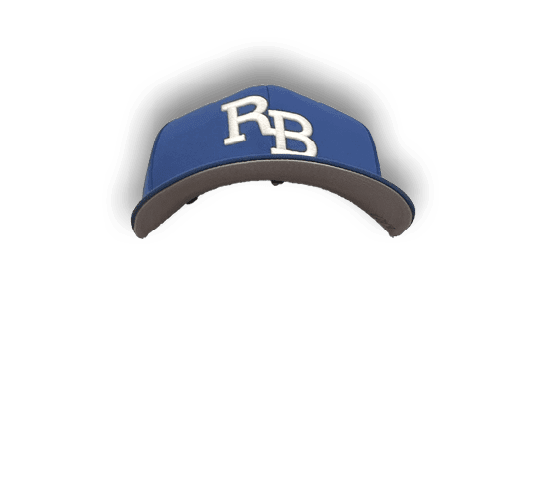 A blue hat with the letters RB on it. Description generated by AI
