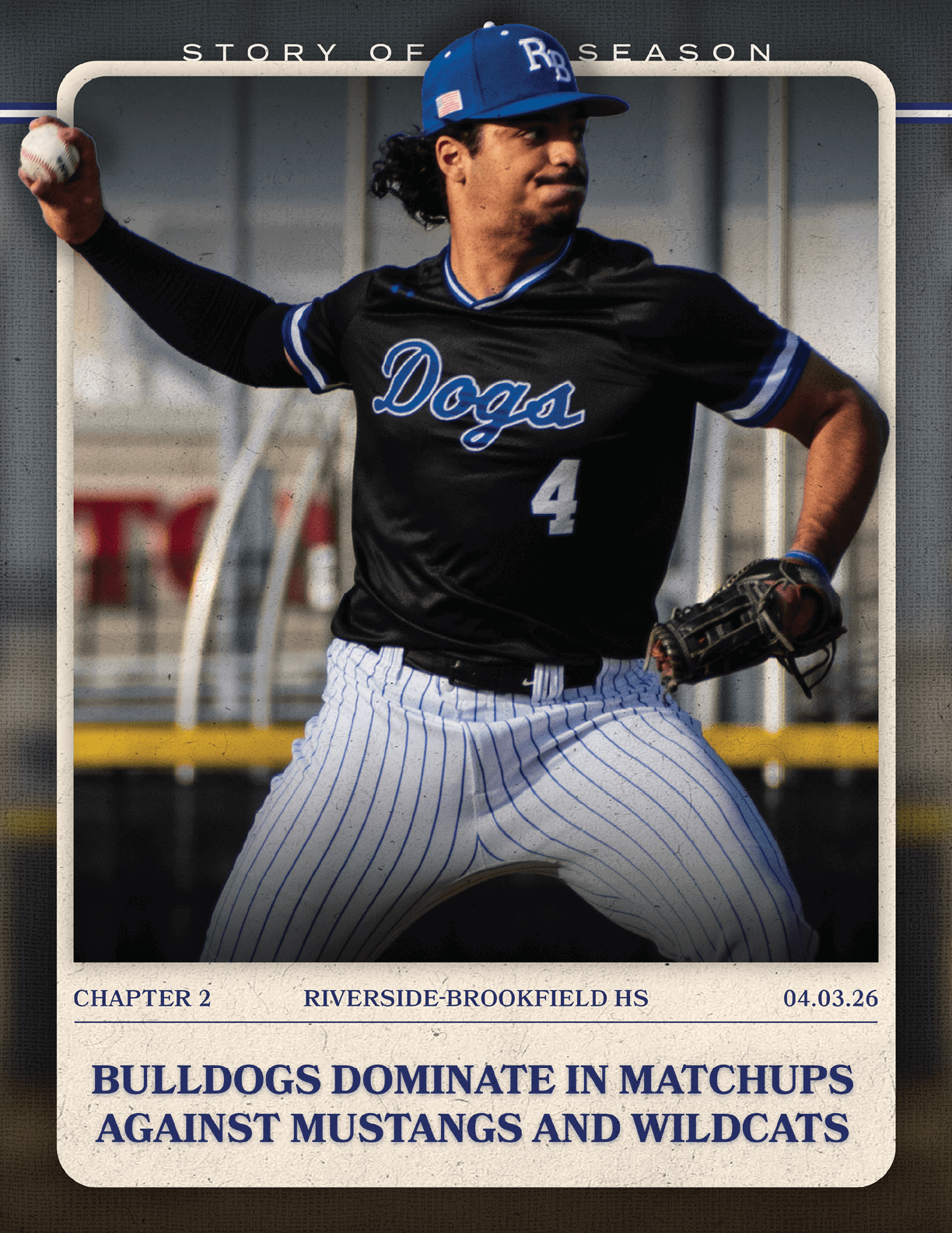 A baseball player wearing a blue and white uniform. Description generated by AI