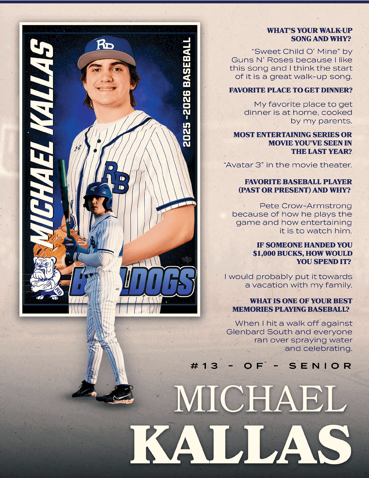 A baseball player named Michael Kallas. Description generated by AI