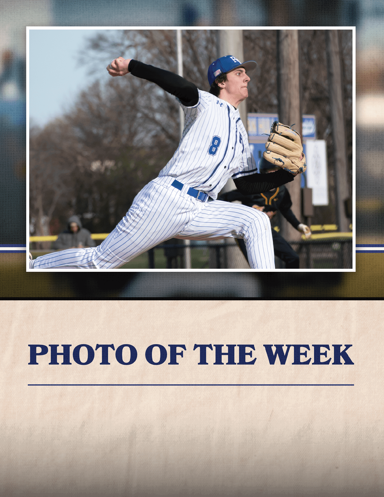 A baseball player in a blue and white uniform is throwing a ball. Description generated by AI