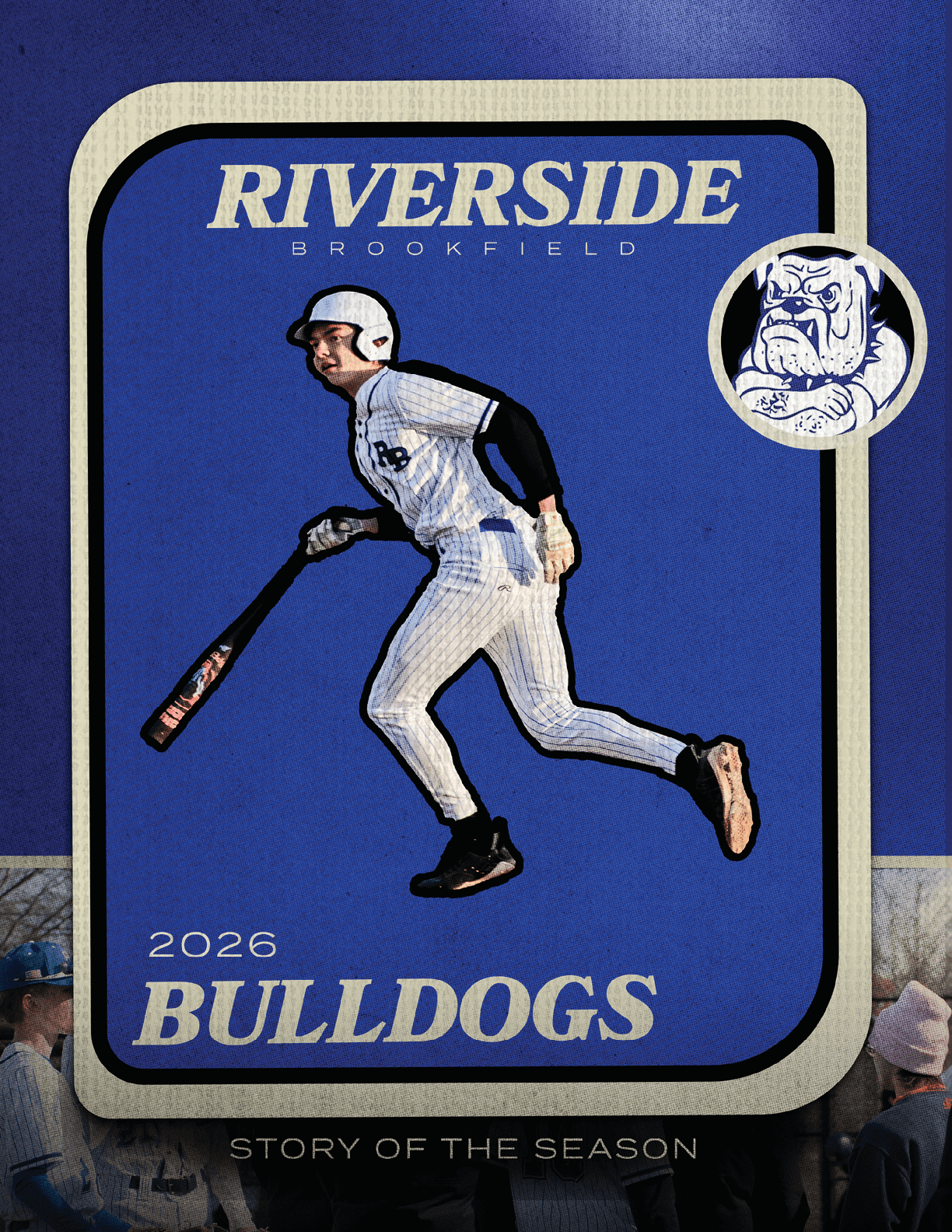 A blue and white baseball card for the 2020 Riverside Bulldogs. Description generated by AI