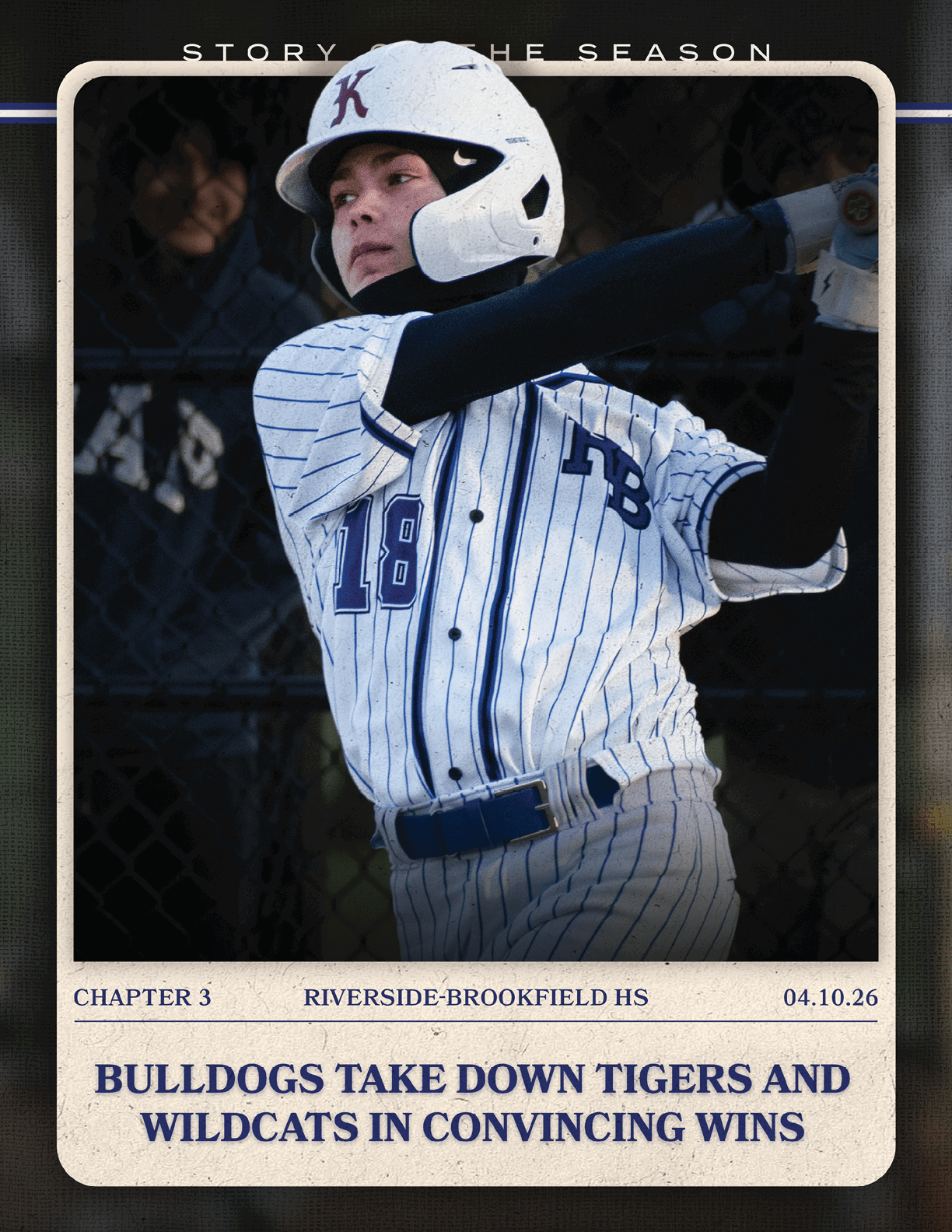 A baseball player wearing a white and blue uniform. Description generated by AI