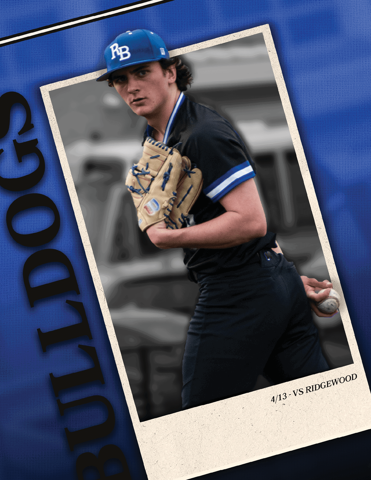 A baseball player wearing a blue hat and black shirt. Description generated by AI