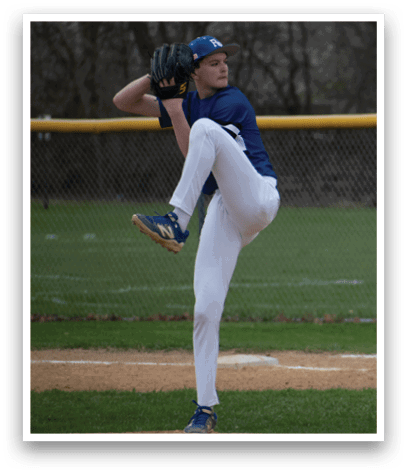 A baseball player in a blue shirt and white pants is pitching a ball. Description generated by AI