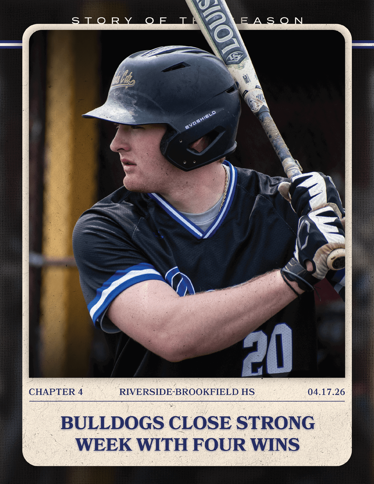 A baseball player holding a bat. Description generated by AI