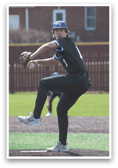 A baseball player in a black shirt and black pants is pitching a ball. Description generated by AI