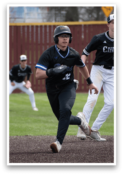 A baseball player running to first base. Description generated by AI