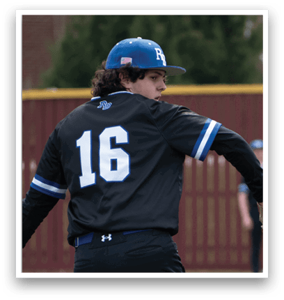 A baseball player in a black shirt and blue hat is pitching a ball. Description generated by AI