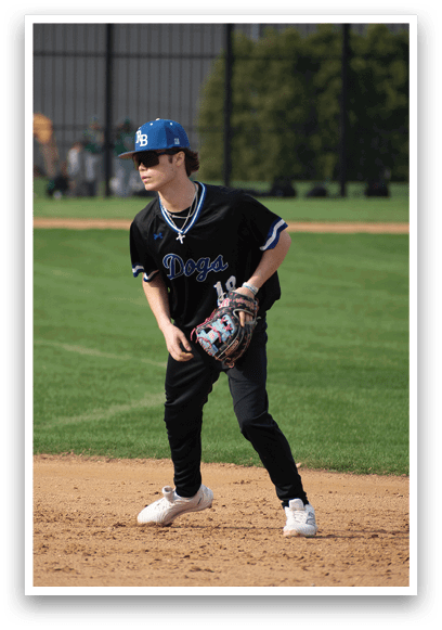 A baseball player wearing a blue hat and black shirt. Description generated by AI
