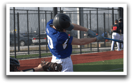 A baseball player is swinging a bat at a ball. Description generated by AI