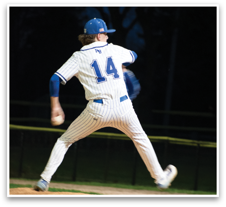 A baseball player wearing a blue and white uniform is pitching a ball. Description generated by AI