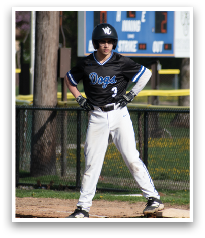 A baseball player wearing a black and blue shirt and white pants. Description generated by AI