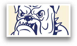 A bulldog mascot with a flag in its mouth. Description generated by AI