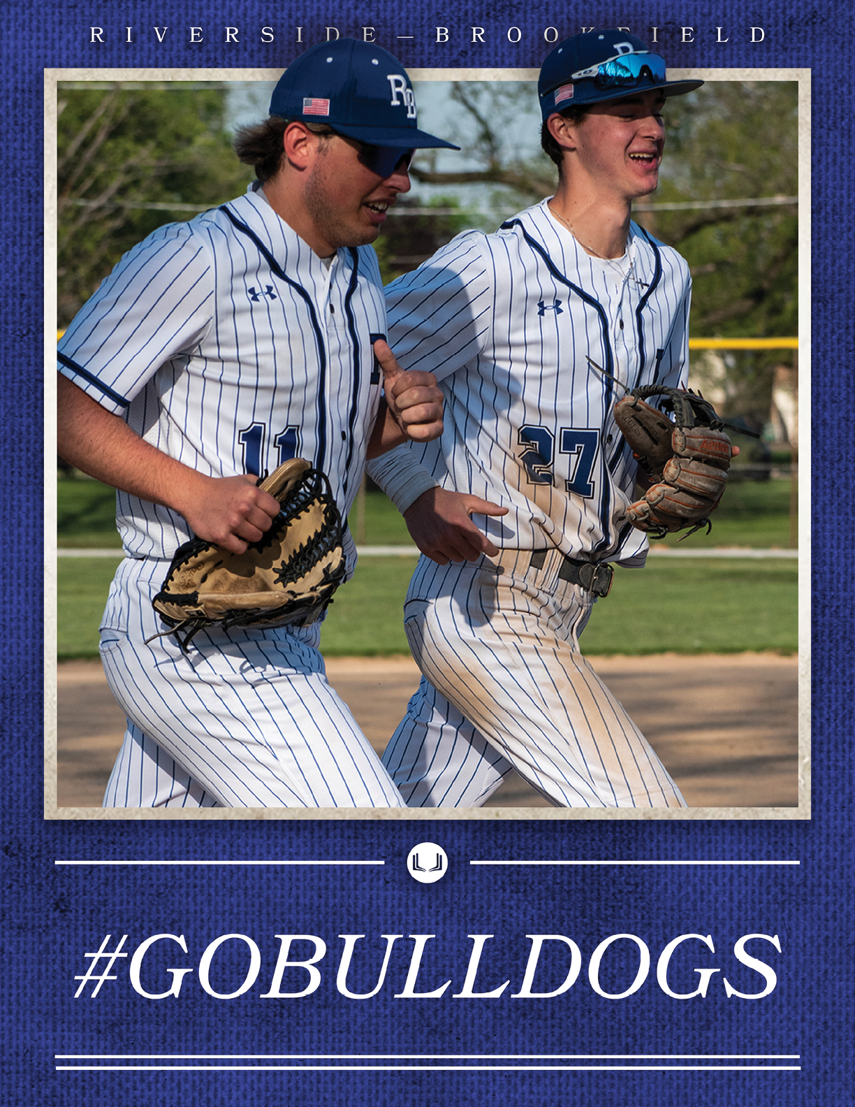 Two baseball players wearing blue and white uniforms. Description generated by AI