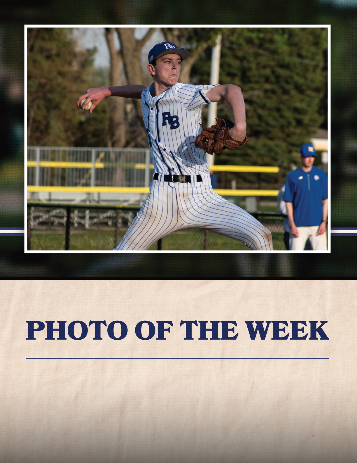 A baseball player in a blue and white uniform is pitching a ball. Description generated by AI