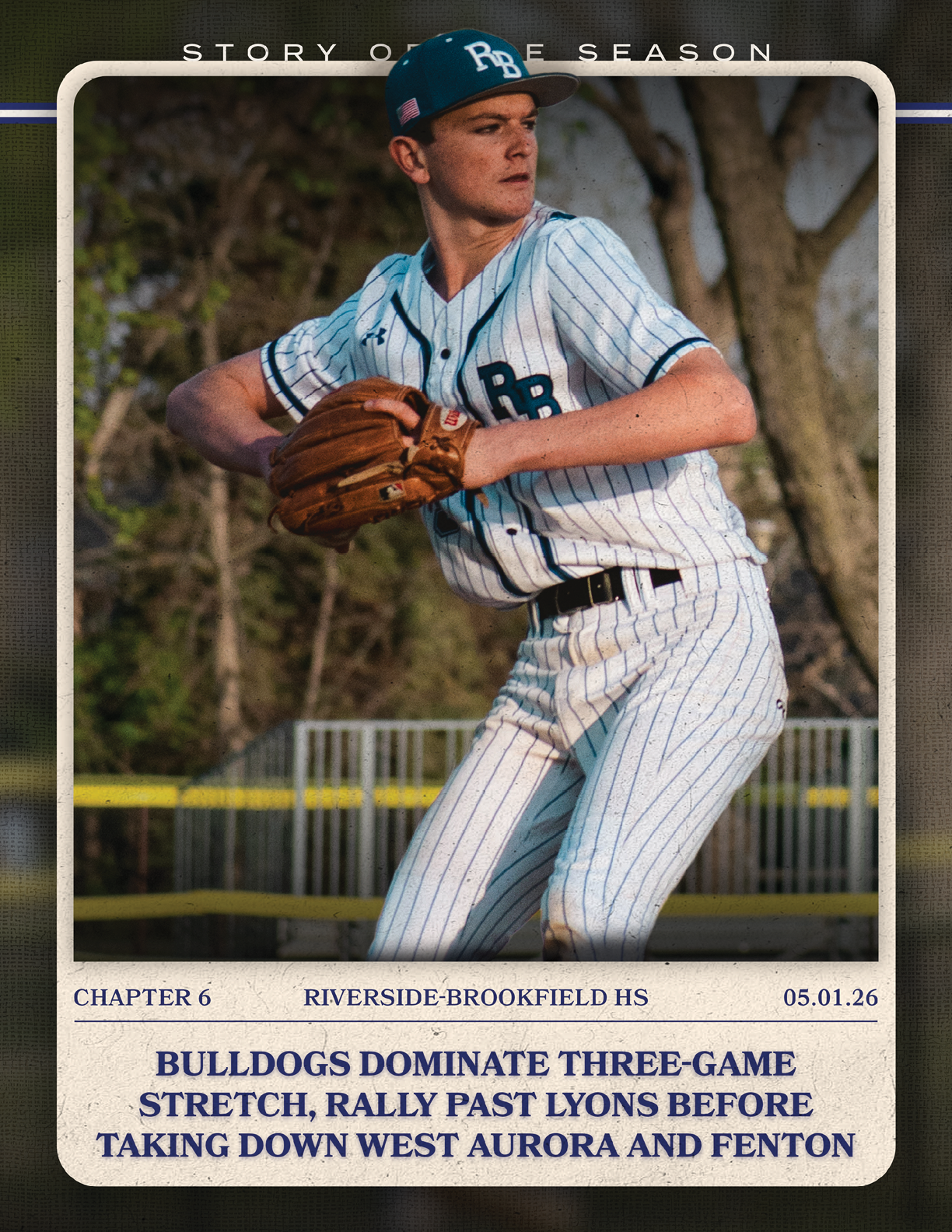 A baseball player in a white and blue uniform. Description generated by AI