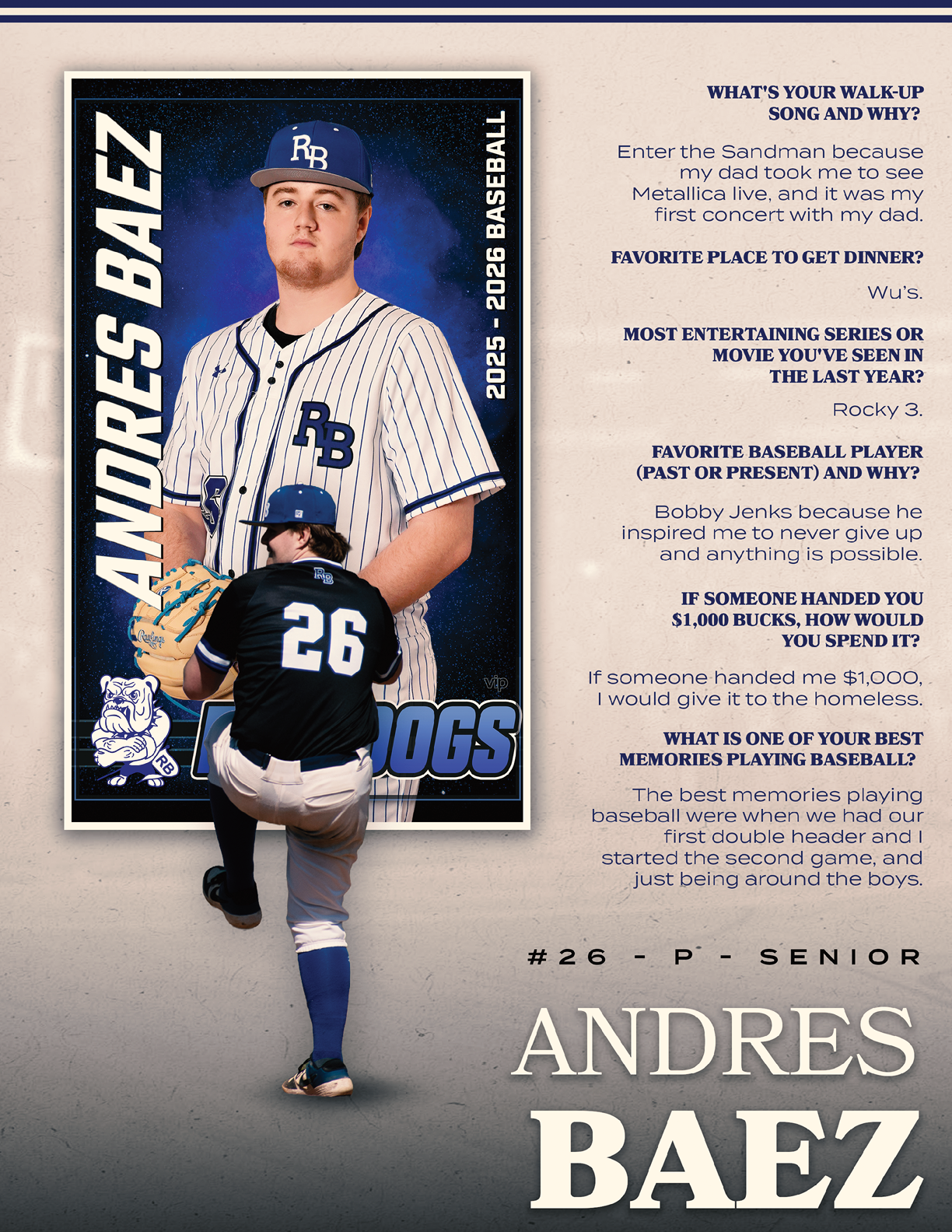 A baseball player named Andres Baez. Description generated by AI