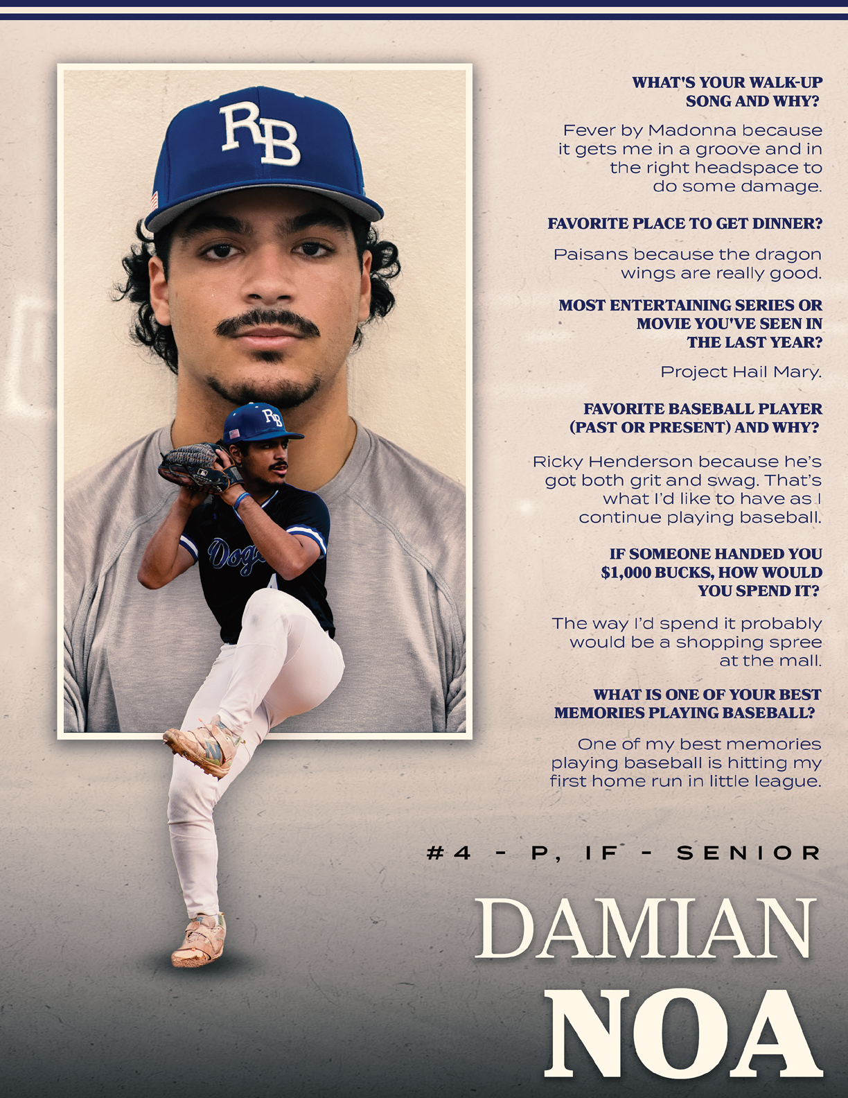 A baseball player named Damian Noa. Description generated by AI