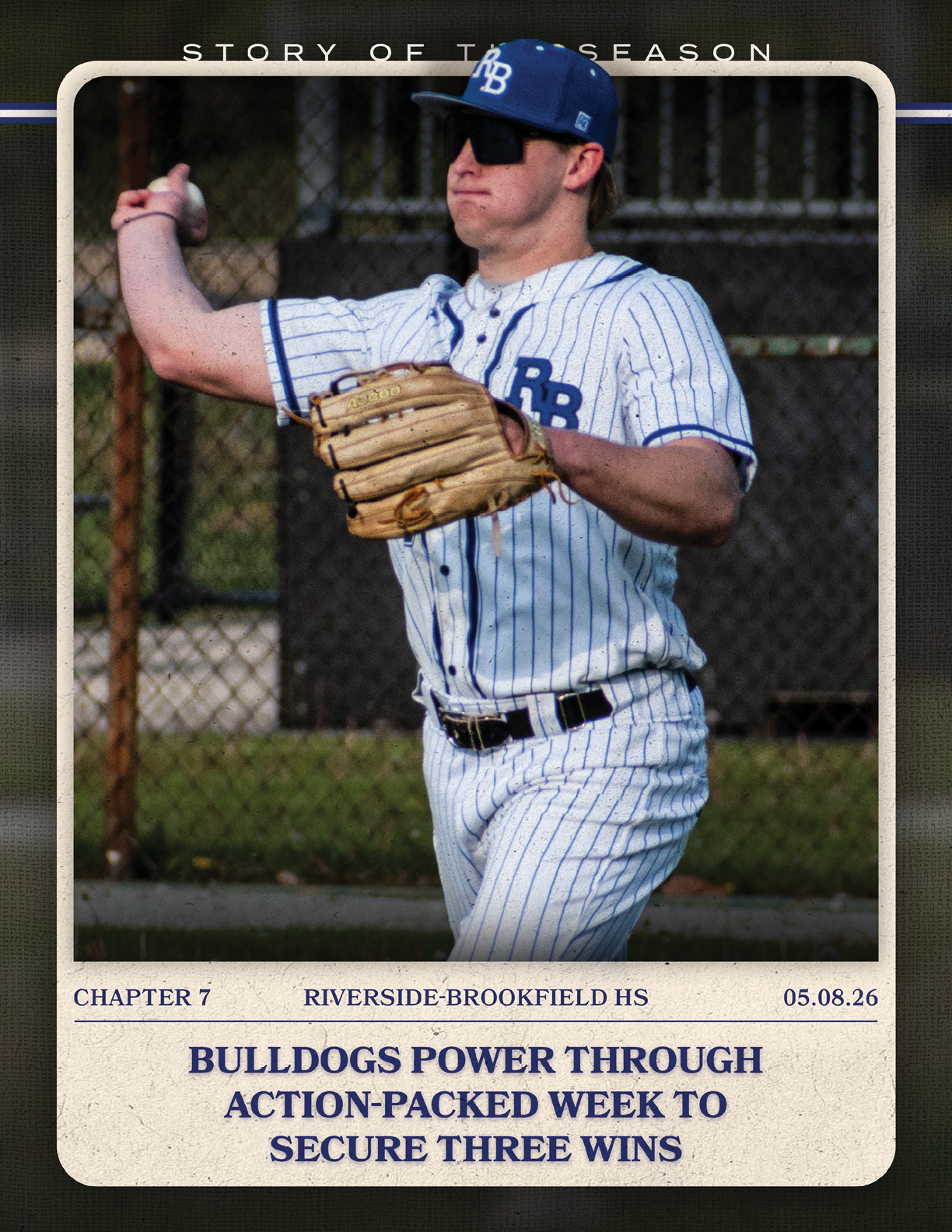 A baseball player wearing a blue and white uniform. Description generated by AI