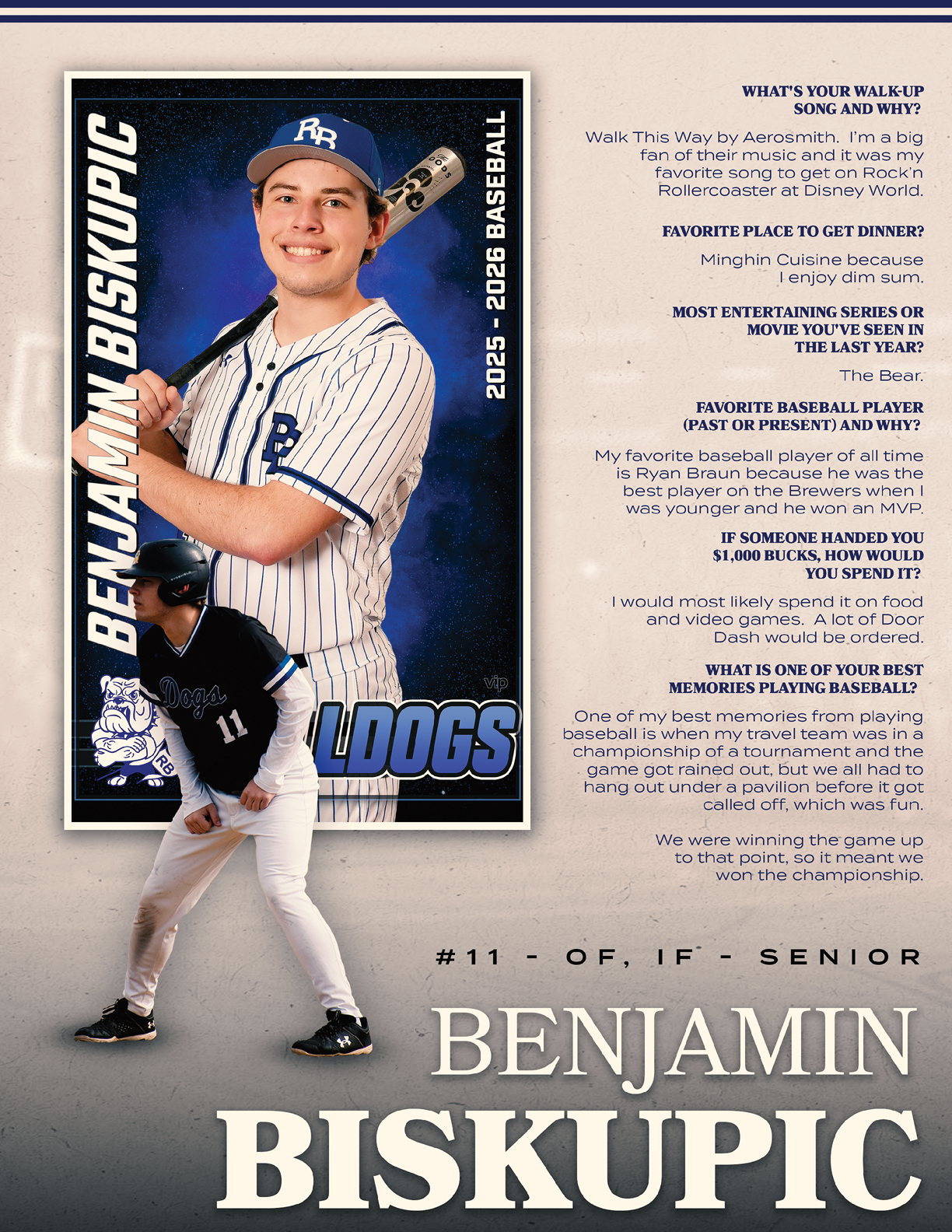 A baseball player named Benjamin Biskupec posing for a picture. Description generated by AI