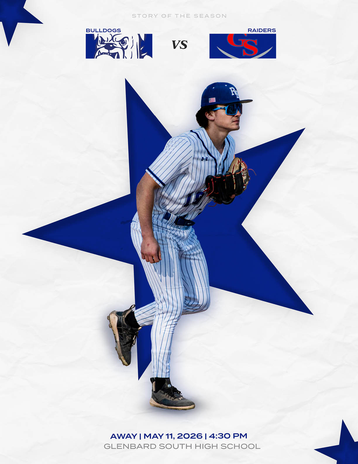 A baseball player wearing a blue and white uniform. Description generated by AI