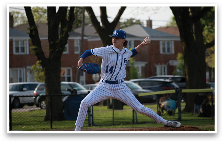 A man wearing a blue and white baseball uniform is pitching a ball. Description generated by AI