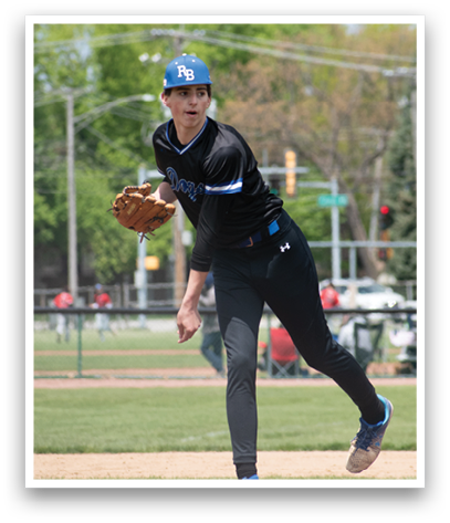 A baseball player in a black shirt and blue hat is pitching a ball. Description generated by AI