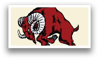 A red ram with horns and a black nose. Description generated by AI