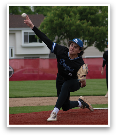 A baseball player in a black shirt and blue hat is pitching a ball. Description generated by AI
