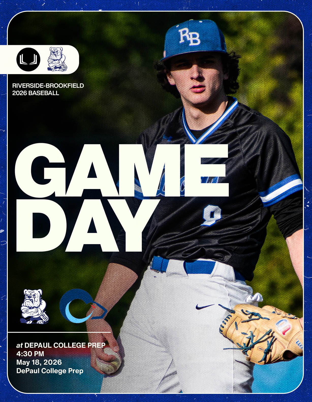 A baseball player wearing a black and blue jersey. Description generated by AI