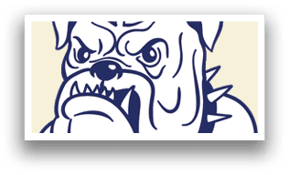 A bulldog mascot with a flag in its mouth. Description generated by AI