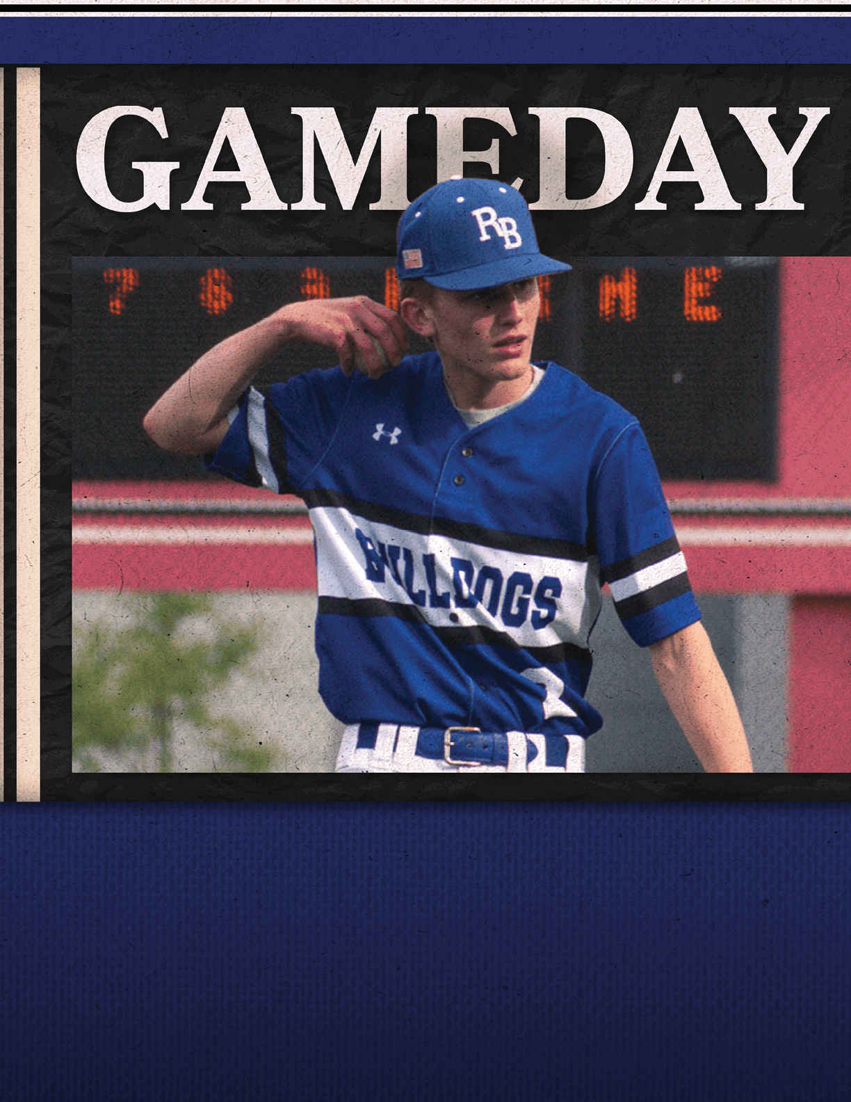 A baseball player wearing a blue and white uniform. Description generated by AI