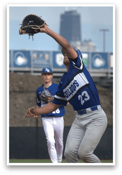 A baseball player wearing a blue and white jersey with the number 23 on it catching a ball. Description generated by AI
