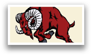 A red ram with curved horns. Description generated by AI