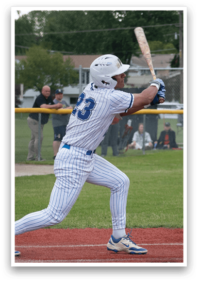 A baseball player is swinging a bat at a ball. Description generated by AI