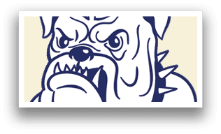 A bulldog mascot with a flag in its mouth. Description generated by AI