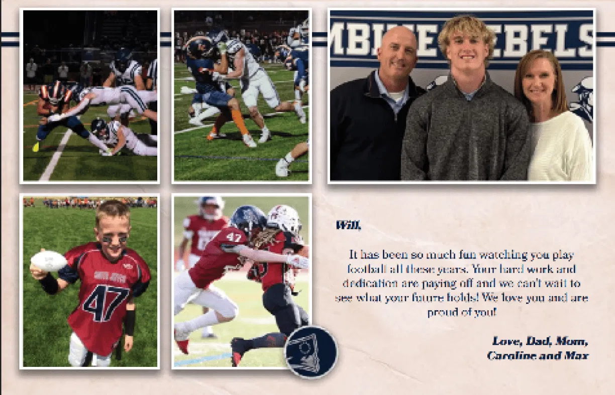 A young man and woman pose for a photo with a football player in the background. AI generated content