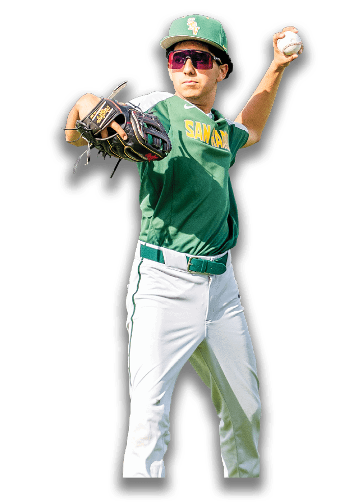A baseball player in a green and white uniform is holding a baseball in his glove. AI generated content