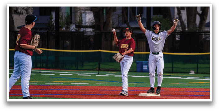 Three young men are playing baseball on a field. One of them is holding a baseball bat, while another is holding a baseball glove. They are standing in the outfield, ready to play. AI generated content