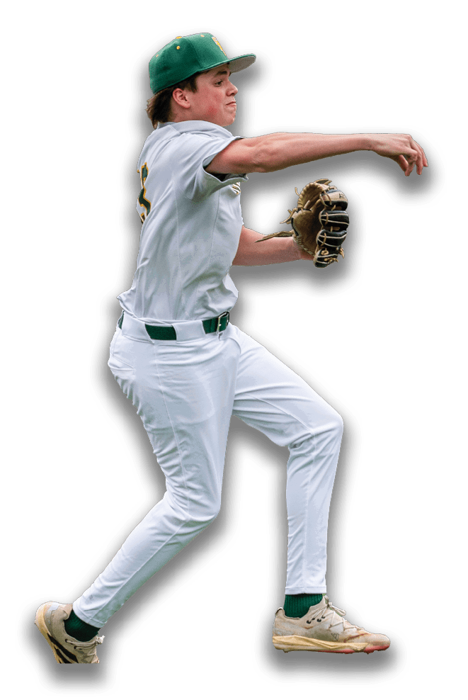 A baseball player wearing a white uniform and green hat is throwing a ball. AI generated content
