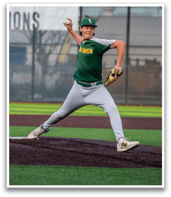 A baseball player in a green and yellow uniform is pitching a ball. AI generated content