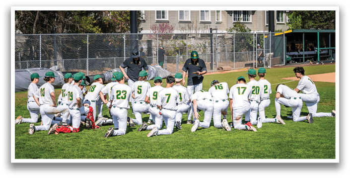 Baseball players in uniforms kneeling on the grass. AI generated content